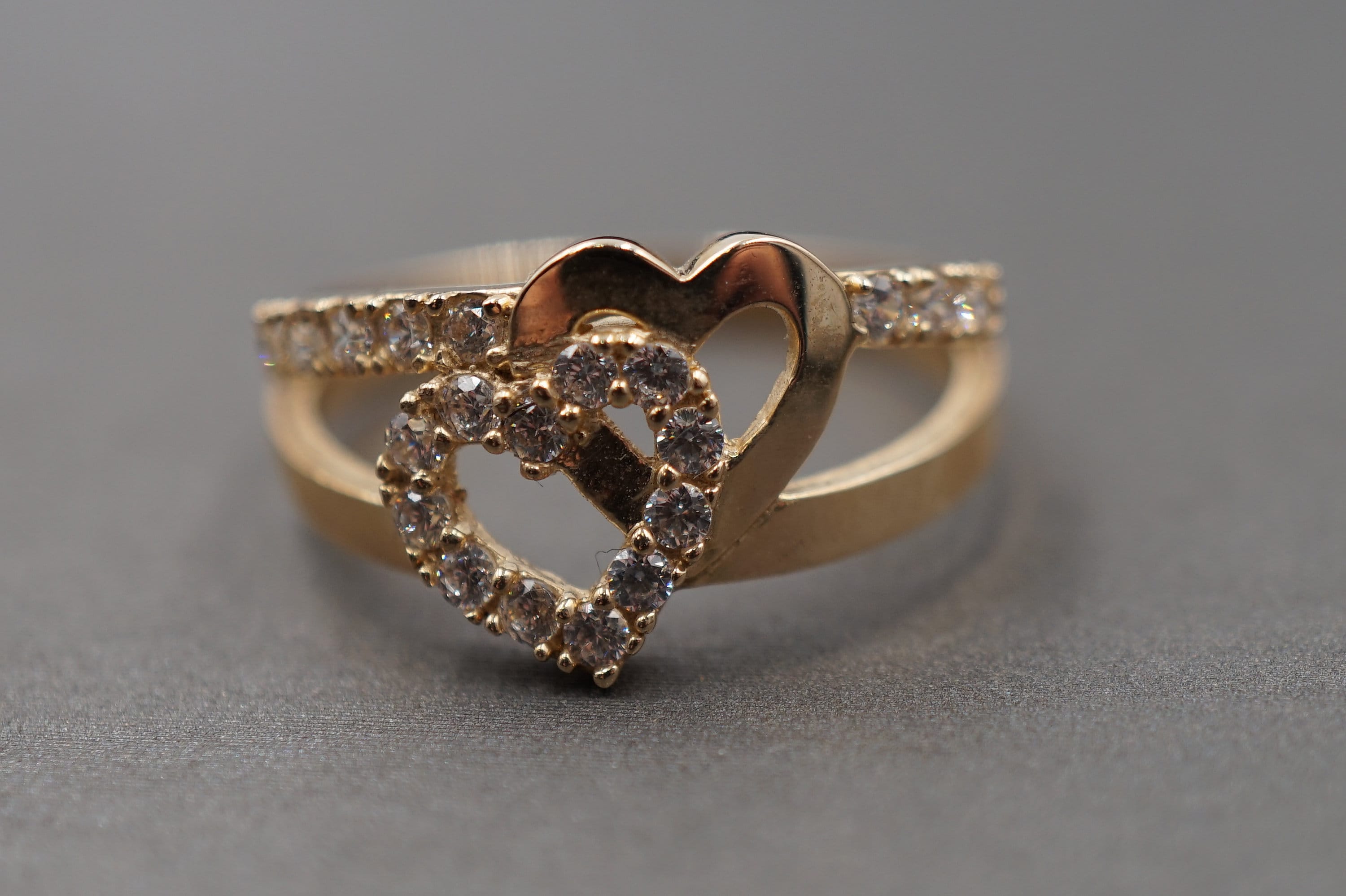 Double Fancy 10K Solid Yellow Gold Fancy Double Heart CZ Band Ring. - Etsy