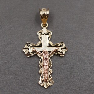 10K Solid Yellow Gold 1.25" Diamond Cut Two Tone Crucifix Cross Charm Pendant.