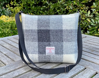 Grey and Cream Block Check Harris Tweed Crossbody Bag