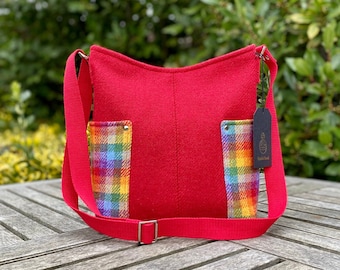 Red and Rainbow Harris Tweed Crossbody Bag