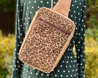 Leopard Print Cork Sling Bag, Back Pack