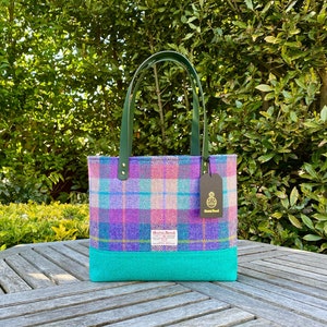 Jade, Purple and Pink Check Harris Tweed Tote Bag