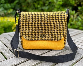 Yellow and Black Harris Tweed Messenger Style Crossbody Bag
