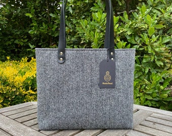 Black and Grey Herringbone Harris Tweed Tote Bag with Leather Handles