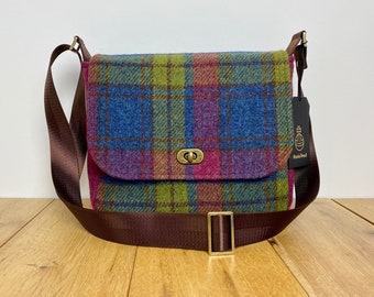 Raspberry, Blue and Green Check Harris Tweed Messenger Style Crossbody Bag