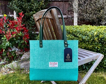 Jade and White Harris Tweed Tote Bag