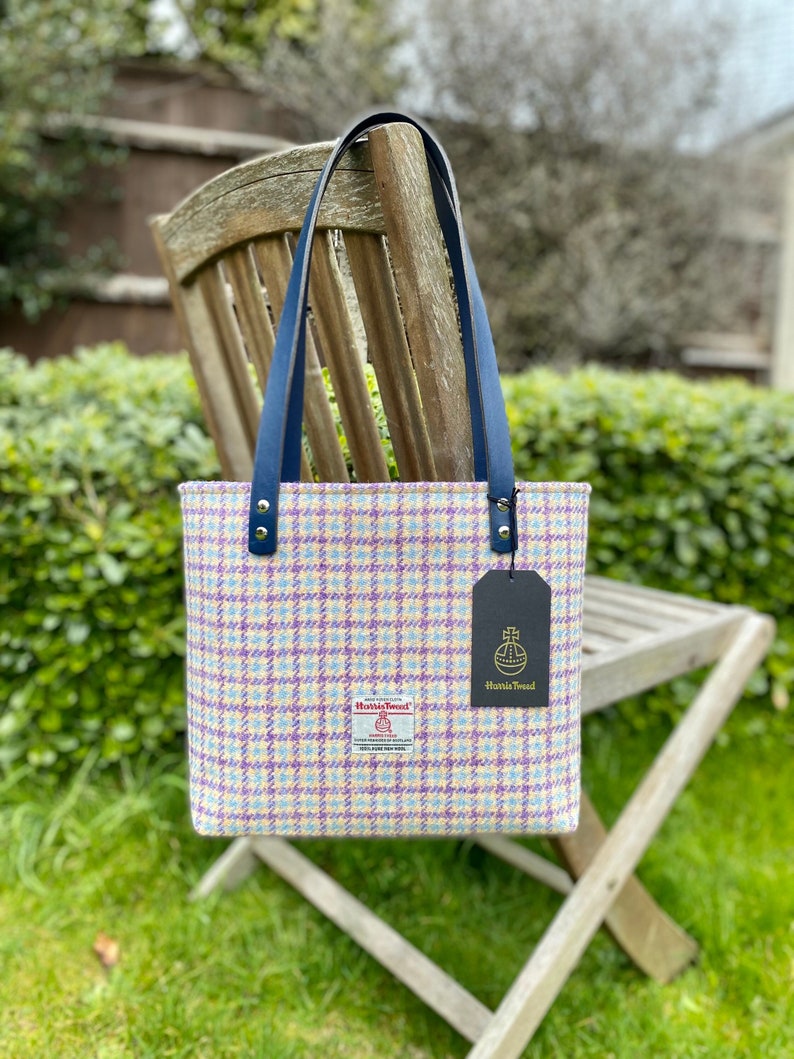 Peach, Purple and Blue Harris Tweed Tote Bag. image 1