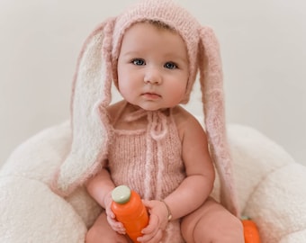 Bunny Outfit, Newborn Bunny hat, Sitter Bunny Hat, Hand knit, Easter Photo props, Baby Bunny Outfit