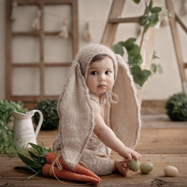 Gorro de coelho de tricô, gorro de Páscoa felpudo para bebê, adereços para fotos de Páscoa, gorro de coelho felpudo, touca para bebê sentado, touca para recém-nascido, gorro de alpaca