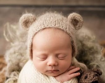 Knitting Pattern, Newborn Teddy Bear Hat, Photo Props Bonnet, Bulky, Download PDF