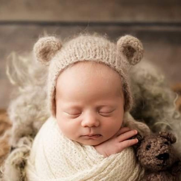 Modèle de tricot, bonnet d'ours en peluche pour nouveau-né, bonnet pour accessoires photo, encombrant, téléchargement PDF
