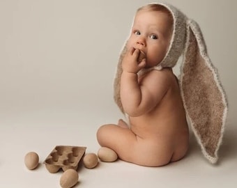 Sitter Bunny Hat, Knit Fuzzy Baby Hat, Easter Photo Props, Fuzzy Rabbit Hat, Alpaca Hat, Newborn to toddler size, Hand made