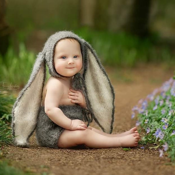 Sitter Bunny Outfit, Bunny Hat & Short Set, Hand Knitted Fuzzy Bunny Set, Easter Photo Props Outfit,