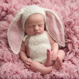 Knitting Pattern, Newborn Bunny Outfit, Floppy Ears & Romper, Photo Props, Easy, Download PDF