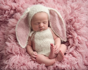 Knitting Pattern, Newborn Bunny Outfit, Floppy Ears & Romper, Photo Props, Easy, Download PDF