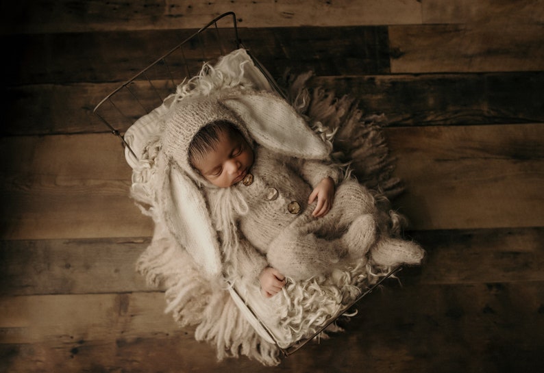 Newborn props Newborn Footed sleeper newborn onesie Bunny outfit Sitter props Bunny hat alpaca outfit Sitter Hand knitted