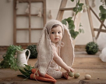 Patrón de punto, Gorro de conejito bebé, Orejas caídas, Accesorios fotográficos, Tamaño recién nacido a niño pequeño, Voluminoso, Descargar PDF