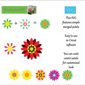 May include: SVG file featuring a red, yellow, and green flower with merged petals. The flower is made up of multiple layers of petals. The design is easy to use in Cricut software and can be scaled for customized looks.