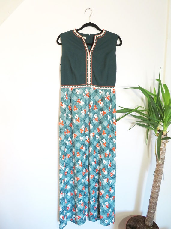 Mod 60s 70s Maxi Dress Emerald Green Flower Patte… - image 1