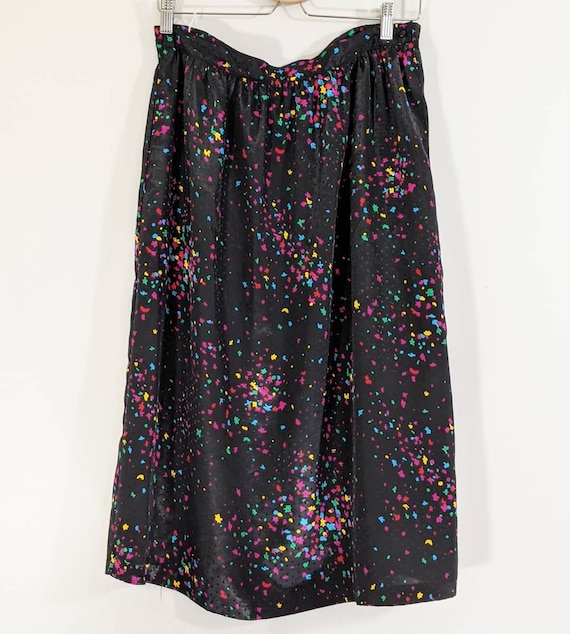 Abstract Rainbow Confetti Black Midi Skirt Silky L