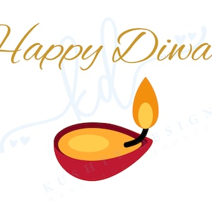 Pode incluir: Uma diya vermelha e dourada, uma lâmpada de óleo tradicional indiana, com um pavio aceso. O texto "Happy Diwali" está escrito em letras douradas acima da diya.