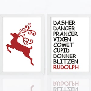 Christmas reindeer cross stitch pattern Set of 2 Xmas cross stitch Deer names chart, Instant download PDF #054