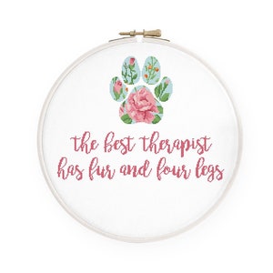 Patrón de punto de cruz para mascotas Silueta de pata floral Punto de cruz El mejor terapeuta tiene pelo Cita inspiradora Descarga instantánea PDF #472