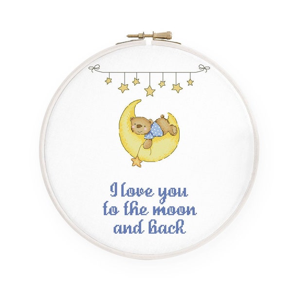 I love you to the moon and back cross stitch pattern Baby bear cross stitch Blue nursery cross stitch, Instant download PDF #640