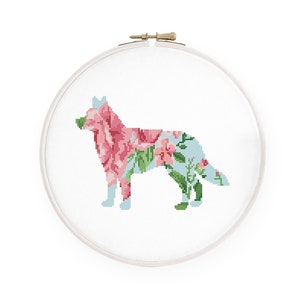 Motif husky au point de croix Floral husky au point de croix Grille aquarelle silhouette de chien, téléchargement immédiat PDF # 210