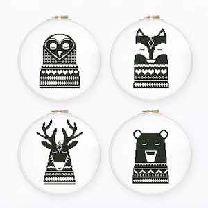 Woodland animals cross stitch pattern Set of 4 baby cross stitch Scandi monochrome nursery cross stitch Instant download PDF #672