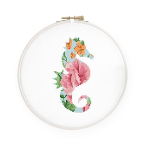 Bloemen zeepaardje kruissteekpatroon, aquarel zeepaardje silhouet kruissteek nautische kruissteek, directe download pdf #177