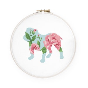 Bloemen Engelse bulldog kruissteekpatroon aquarel Britse hond silhouet kruissteek, directe download pdf #844