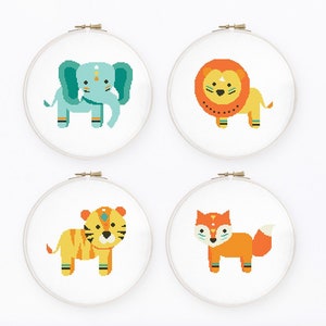 Baby Kreuzstich Stickmuster Set von 4 Kreuzstich Stickvorlagen Set, Löwe Fuchs Elefant Tiger, Stickmuster, sofort-Download PDF #690