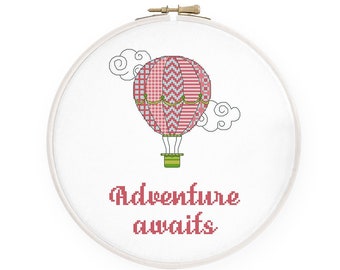 Adventure awaits cross stitch pattern, Hot air balloon cross stitch, New baby girl Inspirational nursery quote, Instant download PDF #403