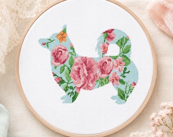 Floral Corgi Cross Stitch Pattern | Dog Silhouette PDF | Instant Download