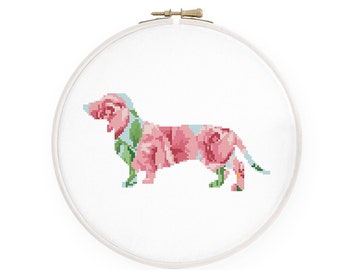 Floral Dachshund cross stitch pattern, Watercolor dog silhouette cross stitch Dachshund mom, Instant download PDF #208
