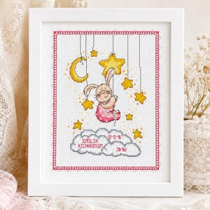 Baby Girl Birth Sampler Cross Stitch Pattern | Bunny Moon Stars Customizable | PDF Instant Download