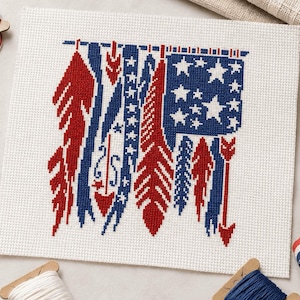 American Flag Cross Stitch Pattern | Boho Feather Flag | PDF Instant Download