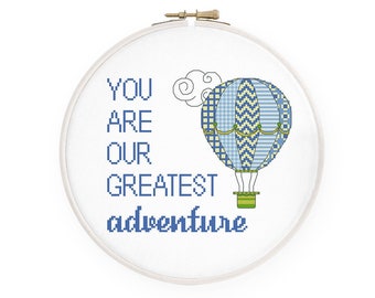 Our greatest adventure cross stitch pattern Blue hot air balloon cross stitch New baby boy cross stitch Instant download PDF #626