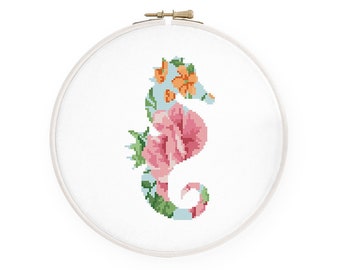 Floral seahorse cross stitch pattern, Watercolor seahorse silhouette cross stitch Nautical cross stitch, Instant download PDF #177