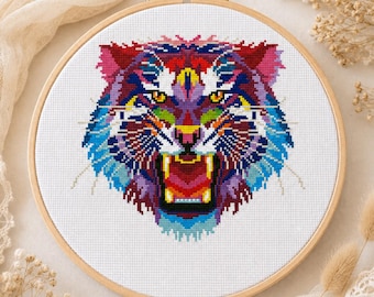 Patrón de punto de cruz Tigre Arcoíris / Retrato de felino colorido / Descarga instantánea en PDF