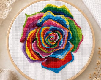 Rainbow Rose Cross Stitch Pattern | Colorful Flower Botanical | PDF Instant Download