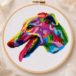 Rainbow Greyhound Head Portrait Cross Stitch Pattern | Colorful Dog Profile | PDF Instant Download