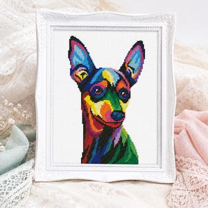 Rainbow Min Pin Cross Stitch Pattern | Colorful Miniature Pinscher | PDF Instant Download