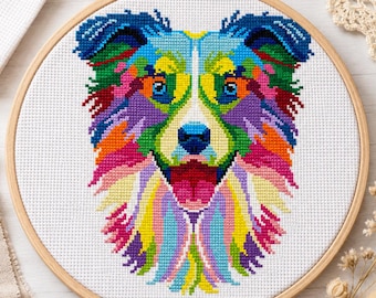 Kruissteekpatroon regenboogborder collie | Kleurrijk pop-art hondenportret | Pdf direct downloaden
