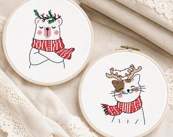 Christmas Animals Cross Stitch Pattern Set of 2 | Winter Bear and Cat | PDF Instant Download