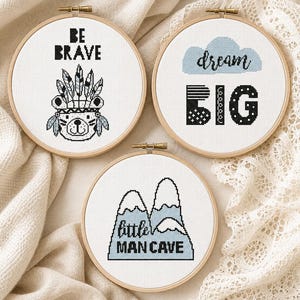 Light Blue Scandi Boy Nursery Cross Stitch Set | Cloud, Bear & Mountain | PDF Instant Download