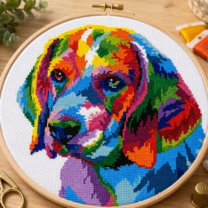 Beagle Cross Stitch Pattern | Rainbow Pop-Art Dog Portrait | PDF Instant Download