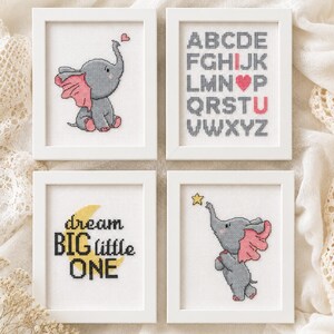 Baby Elephant Nursery Cross Stitch Set of 4 | ABC Chart, Dream Big Quote | PDF Instant Download