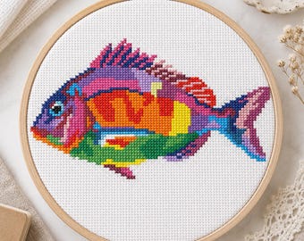 Rainbow Tropical Fish Cross Stitch Pattern | Colorful Fish Portrait | PDF Instant Download